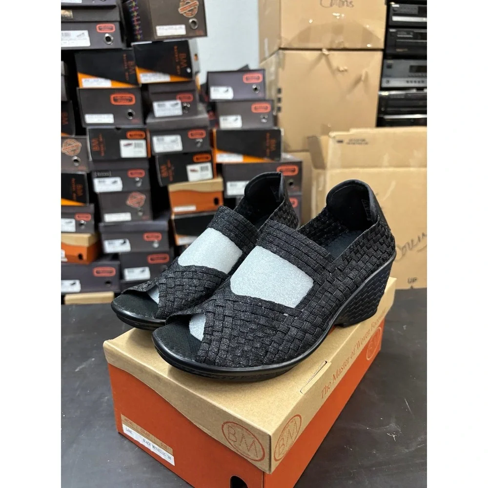 Bernie Mev Lane Black Metallic Woven Wedge Sandals Womens Size 38 US 7.5-8